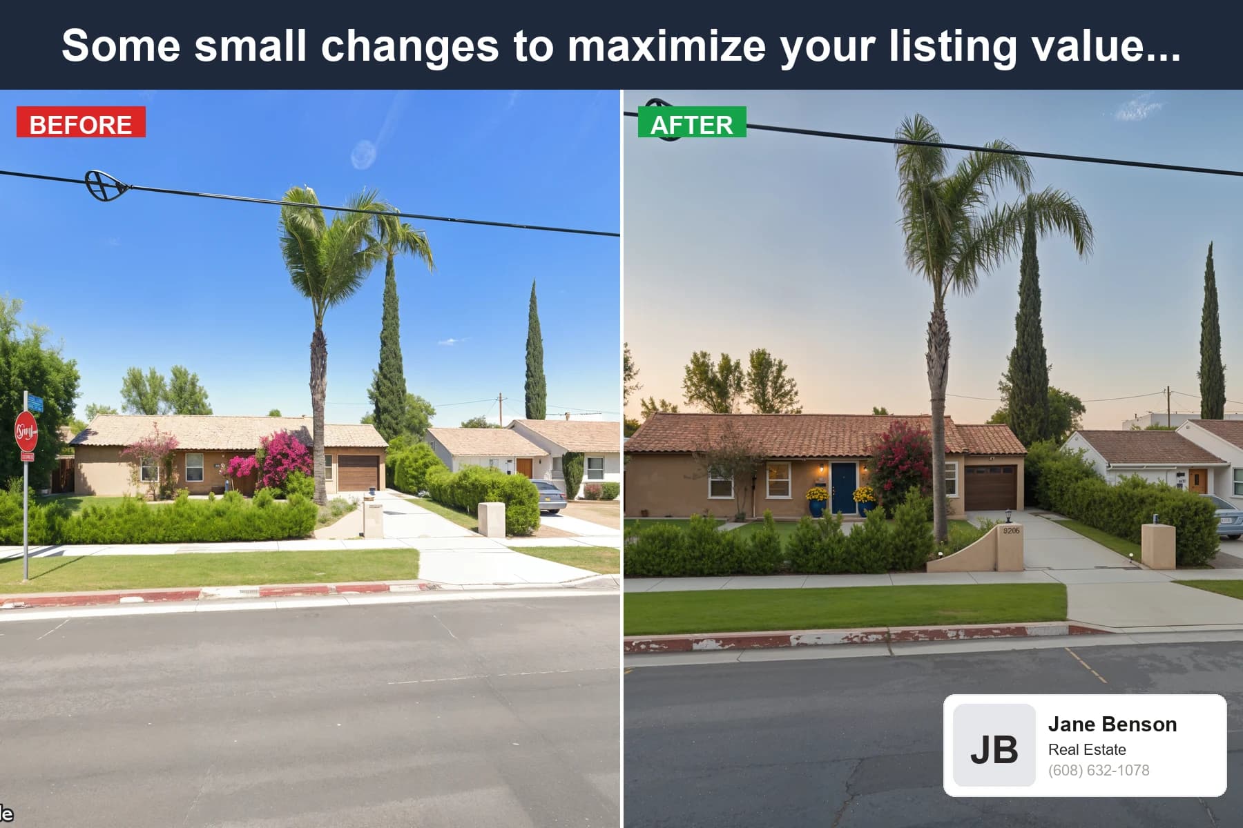 Sample Curbify.ai realtor postcard showing a homeowner's actual home in street view next to an AI-rendered listing-ready version, with Jane Benson Real Estate branding